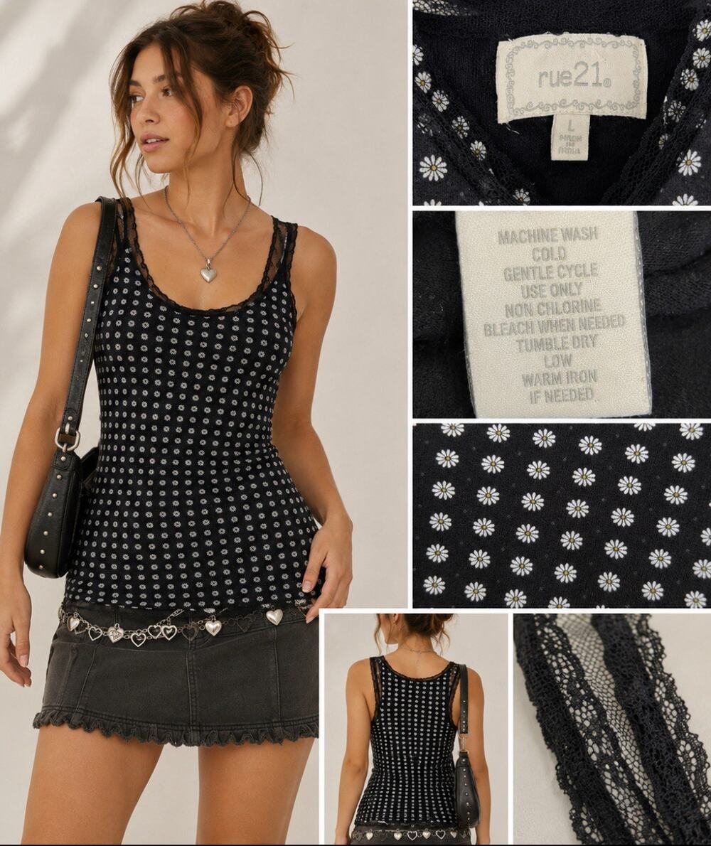 Y2K Indie Sleaze Layering Grunge rue21 Lace Trim Tank Top Sz L Black Daisy Print